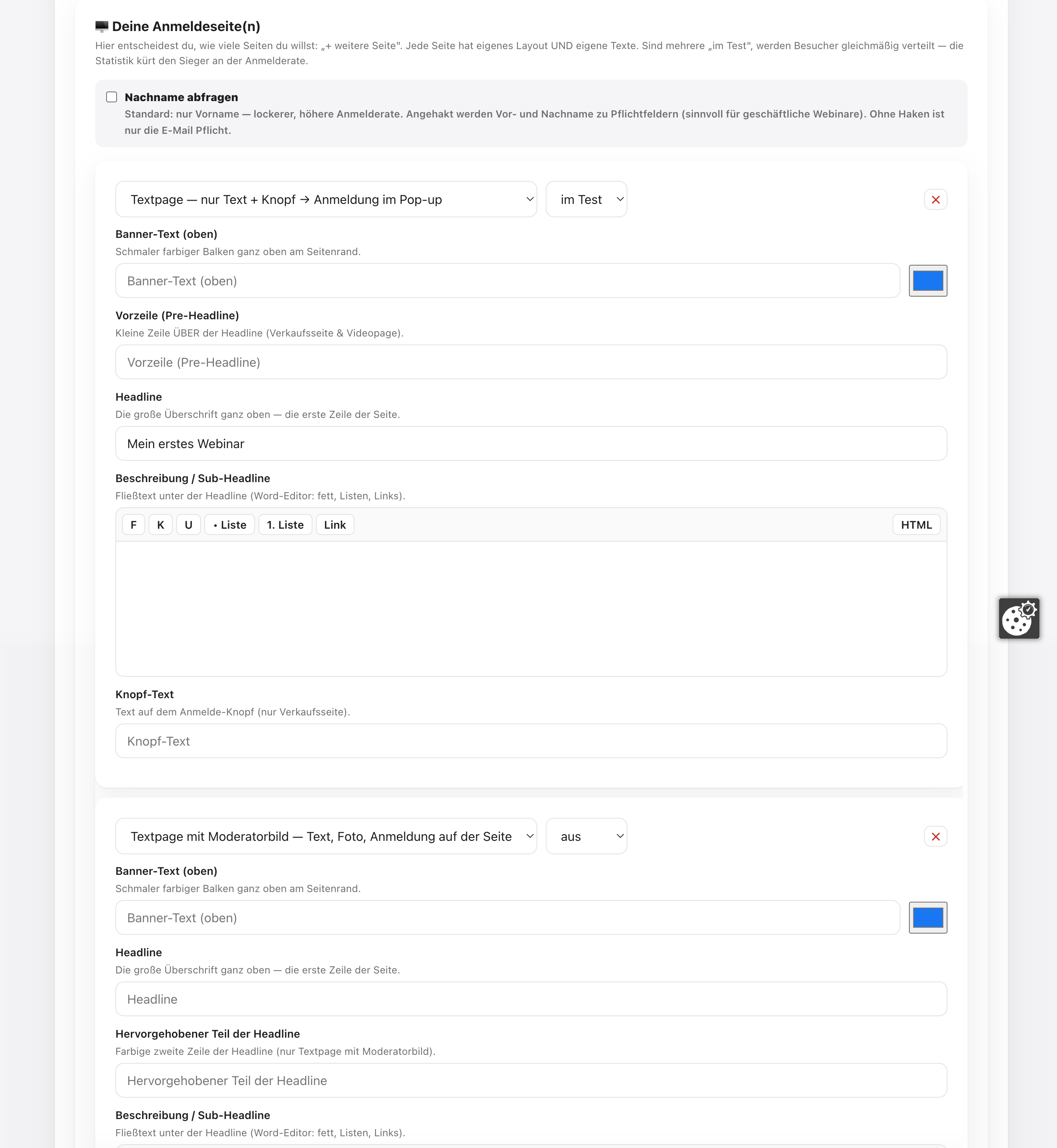 Sign-up pages in a split test