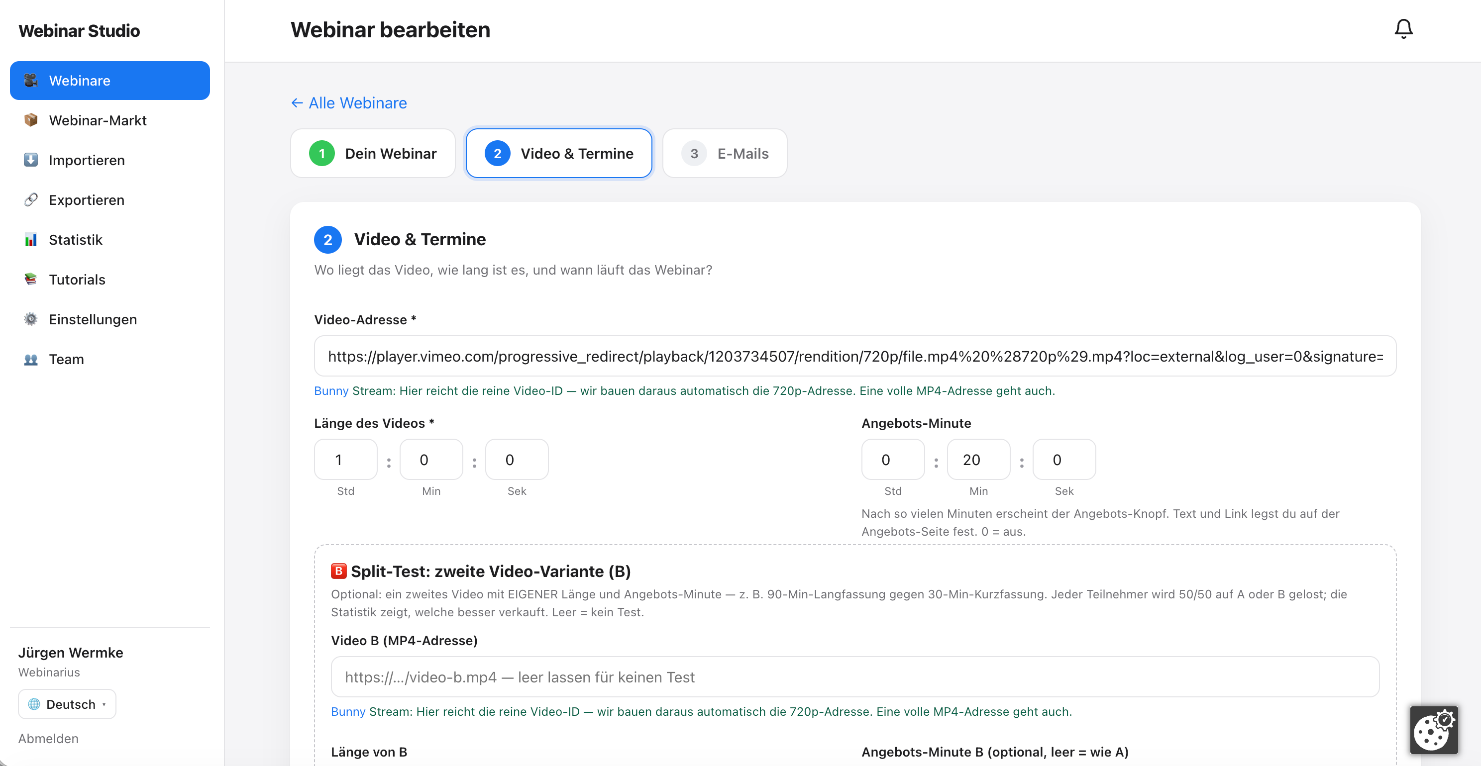 Step 2 — Video A, length, offer minute, split test B